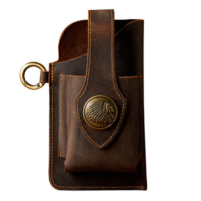 Men's Waist Pouch Mobile Phone Bag Keychain Handmade Cowhide Crazy Horse Belt Bag Mobile Phone Leather Cover Mini Bags for Men 