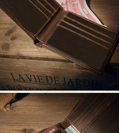 Men's short wallet made of genuine cowhide leather Crazy Horse Original casual simple thin Korean fashion unique wallet for men 