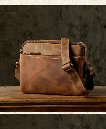 Men's Shoulder Bag Handmade Cow Leather Casual Simple Retro Zipper Crossbody Bag 