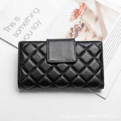 Women's short genuine leather wallet check wallet sheep leather wallet tri-fold cloth coin purse wallet women's wallet