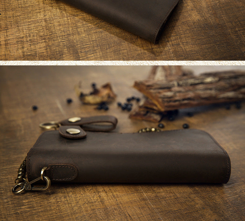 Men's Wallet Handmade Original Crazy Horse Genuine Cowhide Leather Retro Card Holder Large Capacity Zipper Mobile Phone Bag Men Handbag 