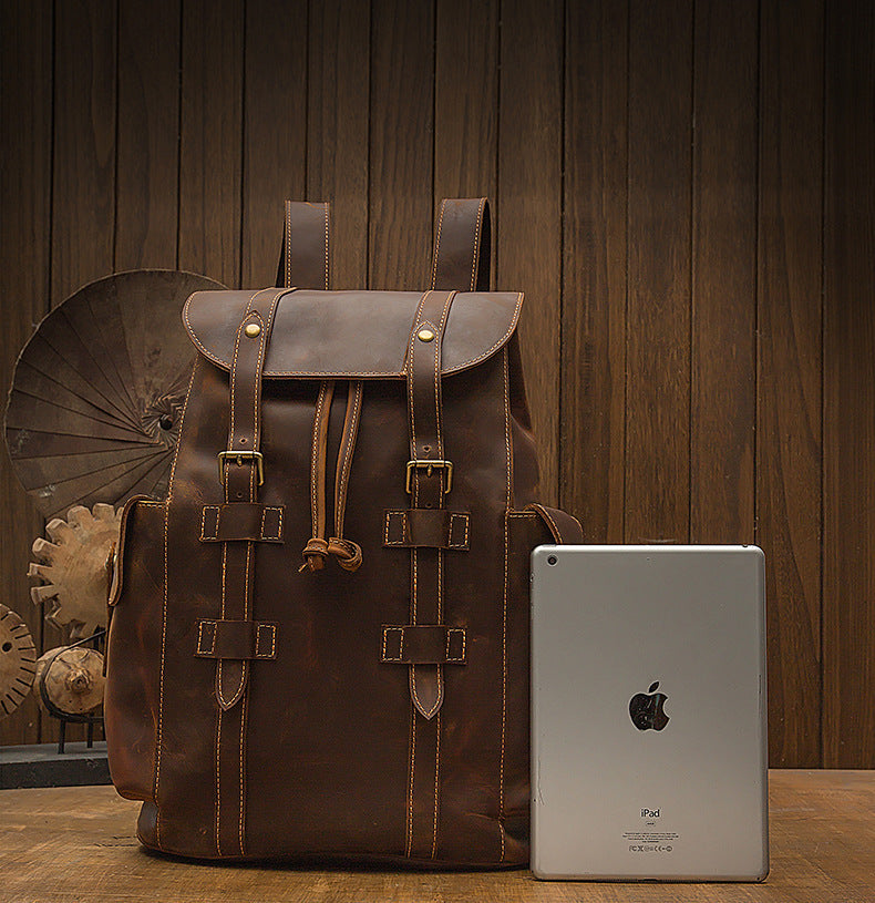 Men's Backpack, Original Handcrafted, Genuine Cowhide Leather, Retro Casual, Unisex, Travel Bag, Computer Bag