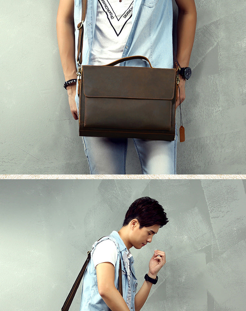 Men's Handbag Briefcase Handmade Cowhide Genuine Leather Retro Simple Messenger Bag Business Casual Men's Shoulder Bag Crossbody Bag 