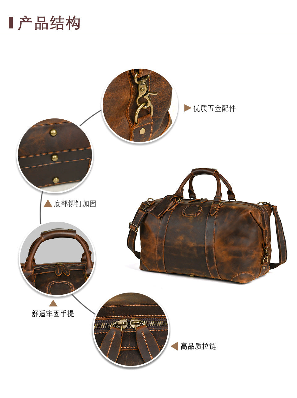 Men's Handbag Genuine Cowhide Luggage Bag Retro Casual Large Capacity Business Travel Bag for Men 