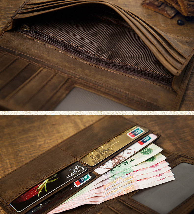 Men's long wallet, genuine cowhide leather, Crazy Horse, handmade, ultra-thin, bi-fold, card holder, simple, retro wallet for men 