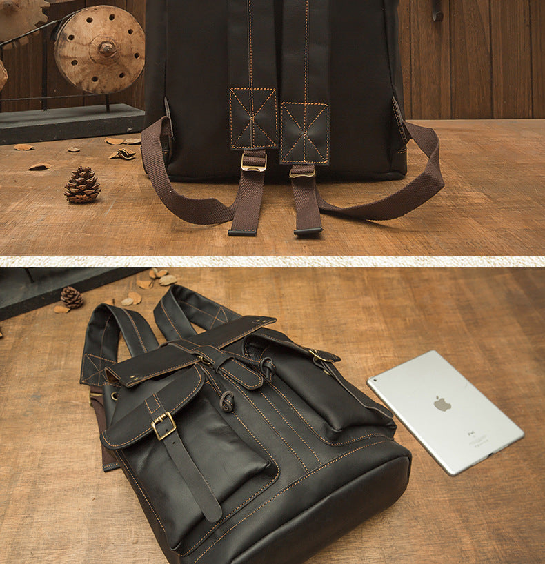 Men's backpack handmade original cowhide genuine leather retro fashion unisex casual bag 