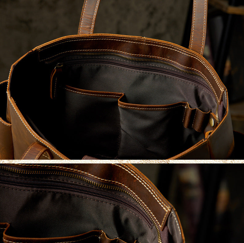 Men's tote bag, handmade, genuine cowhide leather, unisex handbag, casual school commuting shoulder bag 