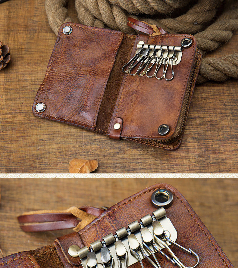 Men's wallet, genuine cowhide leather, key chain, coin purse, zipper, multi-function, large capacity, card bag for men 