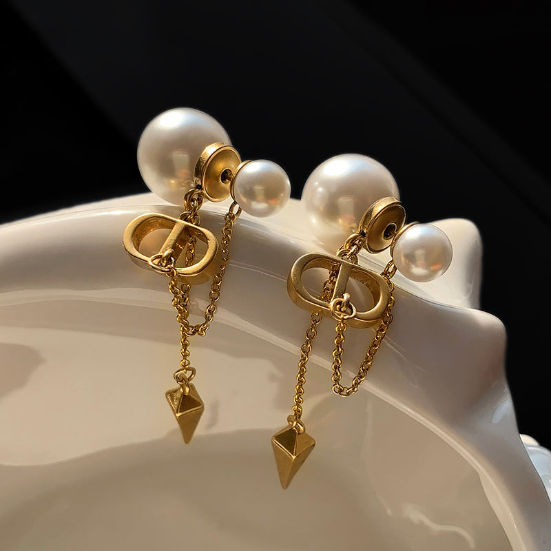 D CD Pearl Earrings Women Long Fringe Retro Earrings Unique Earrings