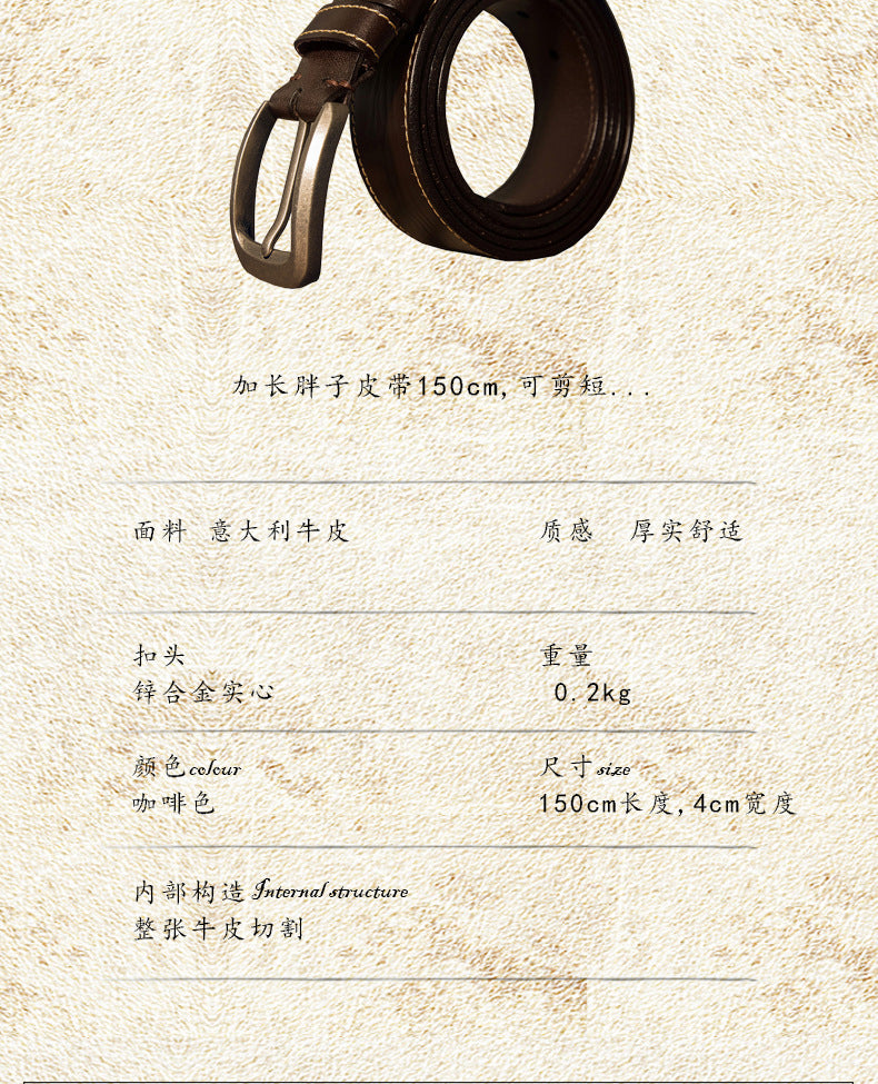 Men's Belt Handmade Genuine Cowhide Leather Large Size Fat 150cm Extra Long Casual Fashion Belt for Men 