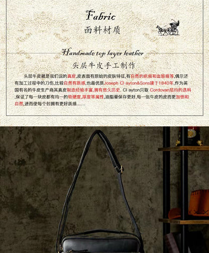 Men's Shoulder Bag Handmade Cow Leather Casual Simple Retro Zipper Crossbody Bag 