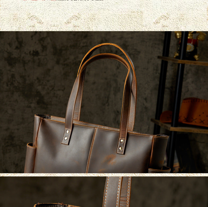 Men's tote bag, handmade, genuine cowhide leather, unisex handbag, casual school commuting shoulder bag 