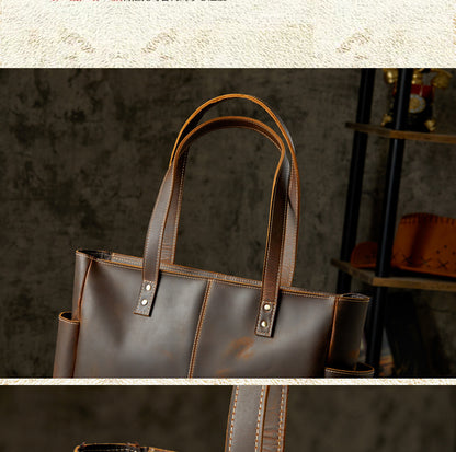 Men's tote bag, handmade, genuine cowhide leather, unisex handbag, casual school commuting shoulder bag 