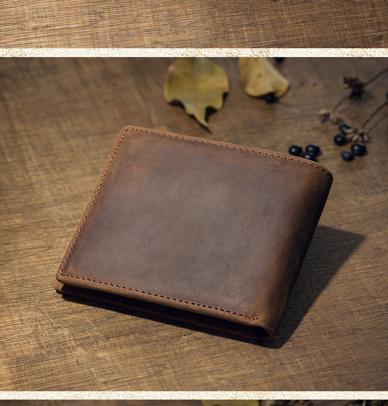 Men's Short Wallet Original Handmade Cowhide Genuine Leather Crazy Horse Retro Korean Fashion Coin Purse Men's Wallet 