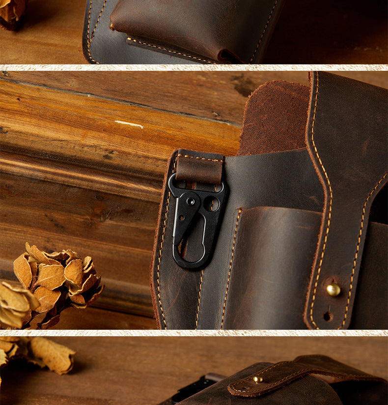 Men's Waist Pouch Handmade Cow Leather Crazy Horse Personality Mobile Phone Keychain Mobile Phone Case Sports Mini Bag 
