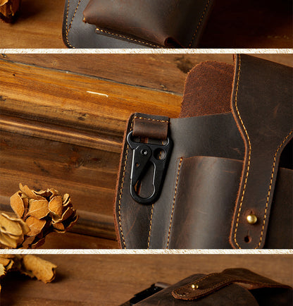 Men's Waist Pouch Handmade Cow Leather Crazy Horse Personality Mobile Phone Keychain Mobile Phone Case Sports Mini Bag 
