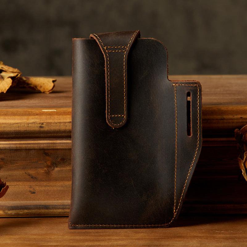 Men's Waist Pouch Handmade Cow Leather Crazy Horse Personality Mobile Phone Keychain Mobile Phone Case Sports Mini Bag 