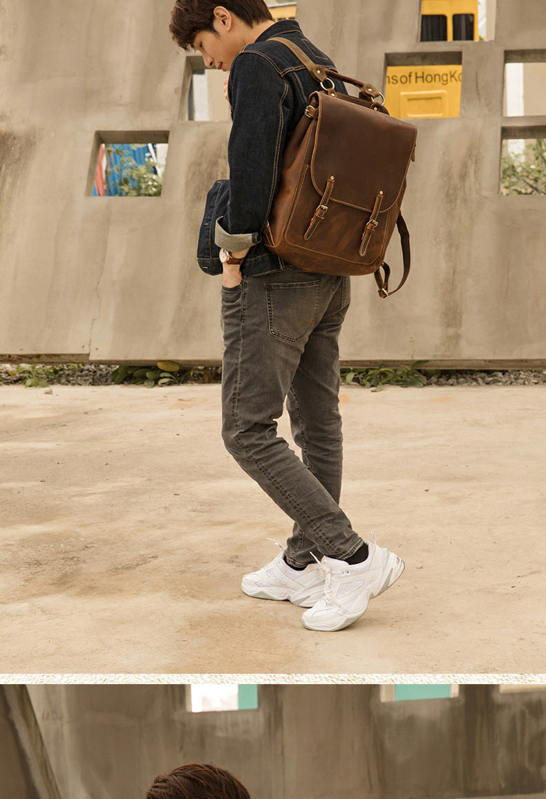 Men's Rucksack Genuine Cowhide Leather Handmade Korean Fashion Unique Travel Computer Bag for Men 