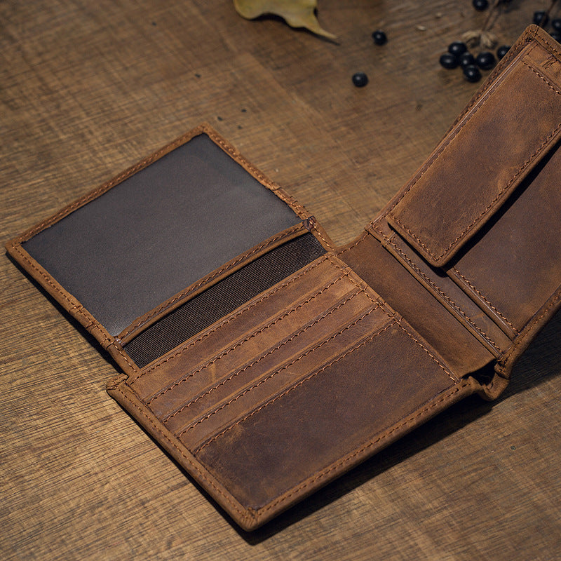 Men's Short Wallet Original Handmade Cowhide Genuine Leather Crazy Horse Retro Korean Fashion Coin Purse Men's Wallet 