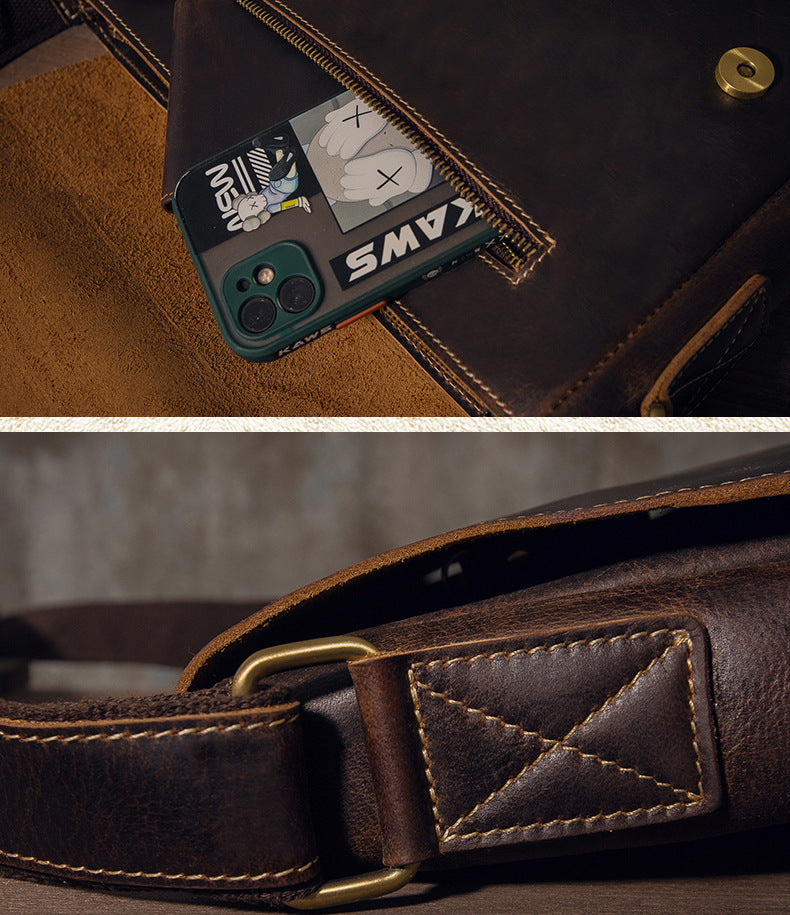 Men's Messenger Bag Handcrafted Genuine Cowhide Leather Shoulder Bag Simple Fashion Unique Crossbody Bag 