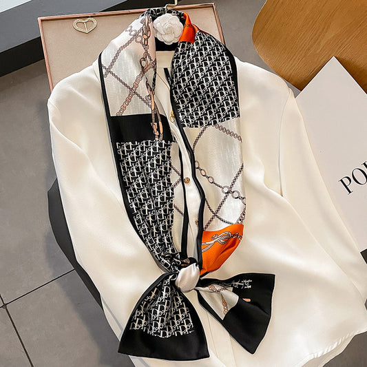Scarf pattern mother pattern chain print pattern flat angle small neckerchief double simulation neckerchief long ribbon women ins style