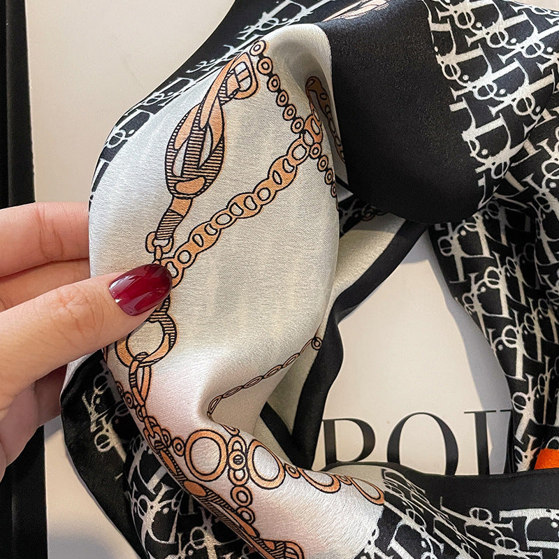 Scarf pattern mother pattern chain print pattern flat angle small neckerchief double simulation neckerchief long ribbon women ins style