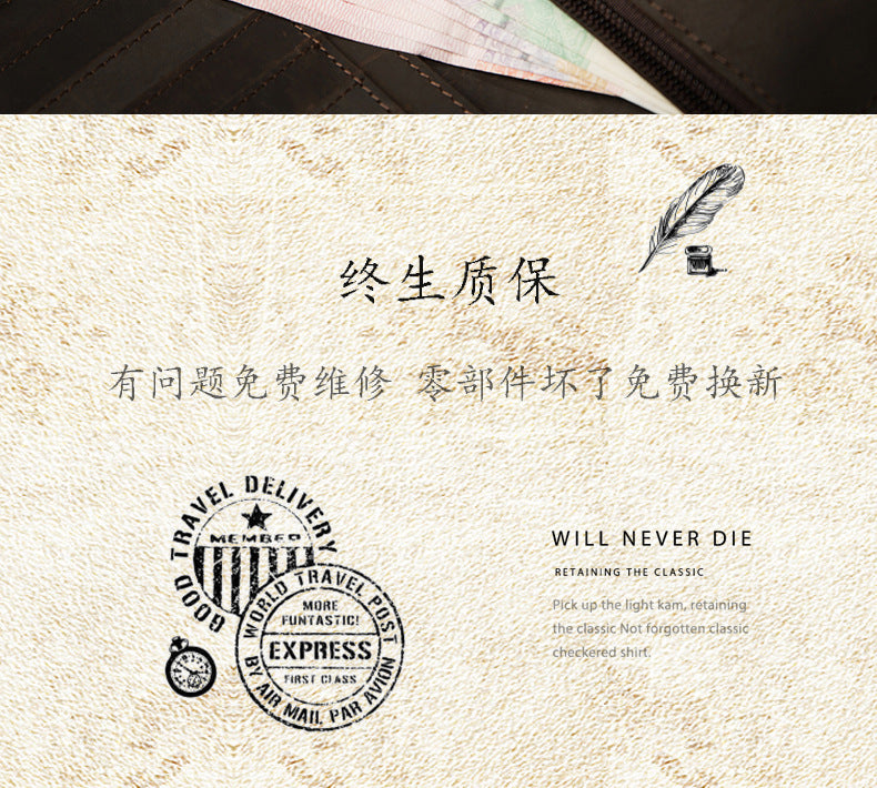 Men's Wallet Handmade Original Crazy Horse Genuine Cowhide Leather Retro Card Holder Large Capacity Zipper Mobile Phone Bag Men Handbag 