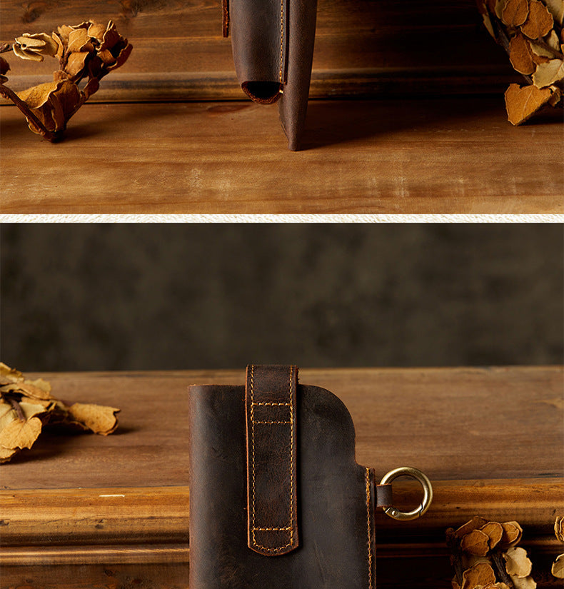 Men's Waist Pouch Mobile Phone Bag Keychain Handmade Cowhide Crazy Horse Belt Bag Mobile Phone Leather Cover Mini Bags for Men 