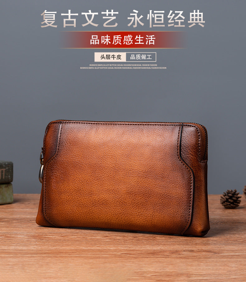 Men's Clutch Bag Genuine Cowhide Leather Retro Casual Men's Bag 