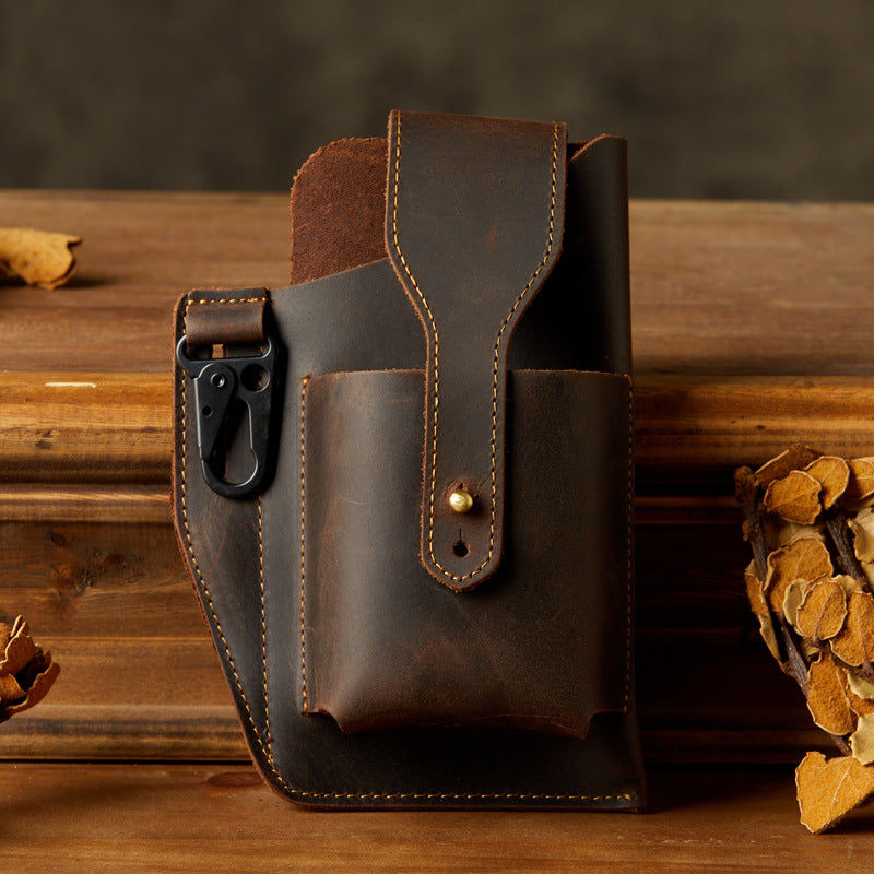 Men's Waist Pouch Handmade Cow Leather Crazy Horse Personality Mobile Phone Keychain Mobile Phone Case Sports Mini Bag 