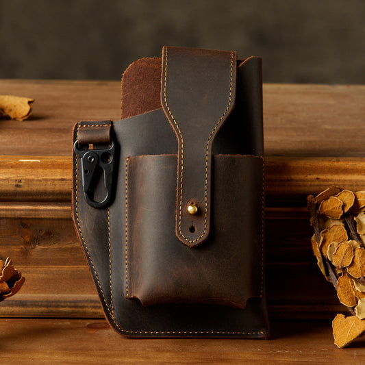Men's Waist Pouch Handmade Cow Leather Crazy Horse Personality Mobile Phone Keychain Mobile Phone Case Sports Mini Bag 
