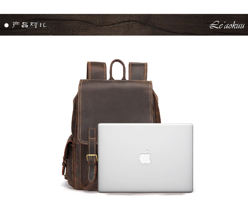 Men's Rucksack Genuine Cowhide Leather Retro Large Capacity Computer Bag for Men 