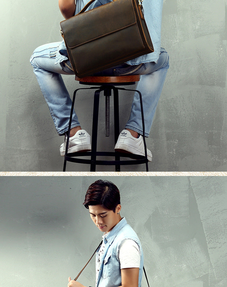 Men's Handbag Briefcase Handmade Cowhide Genuine Leather Retro Simple Messenger Bag Business Casual Men's Shoulder Bag Crossbody Bag 