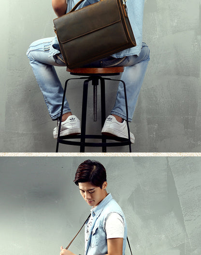 Men's Handbag Briefcase Handmade Cowhide Genuine Leather Retro Simple Messenger Bag Business Casual Men's Shoulder Bag Crossbody Bag 