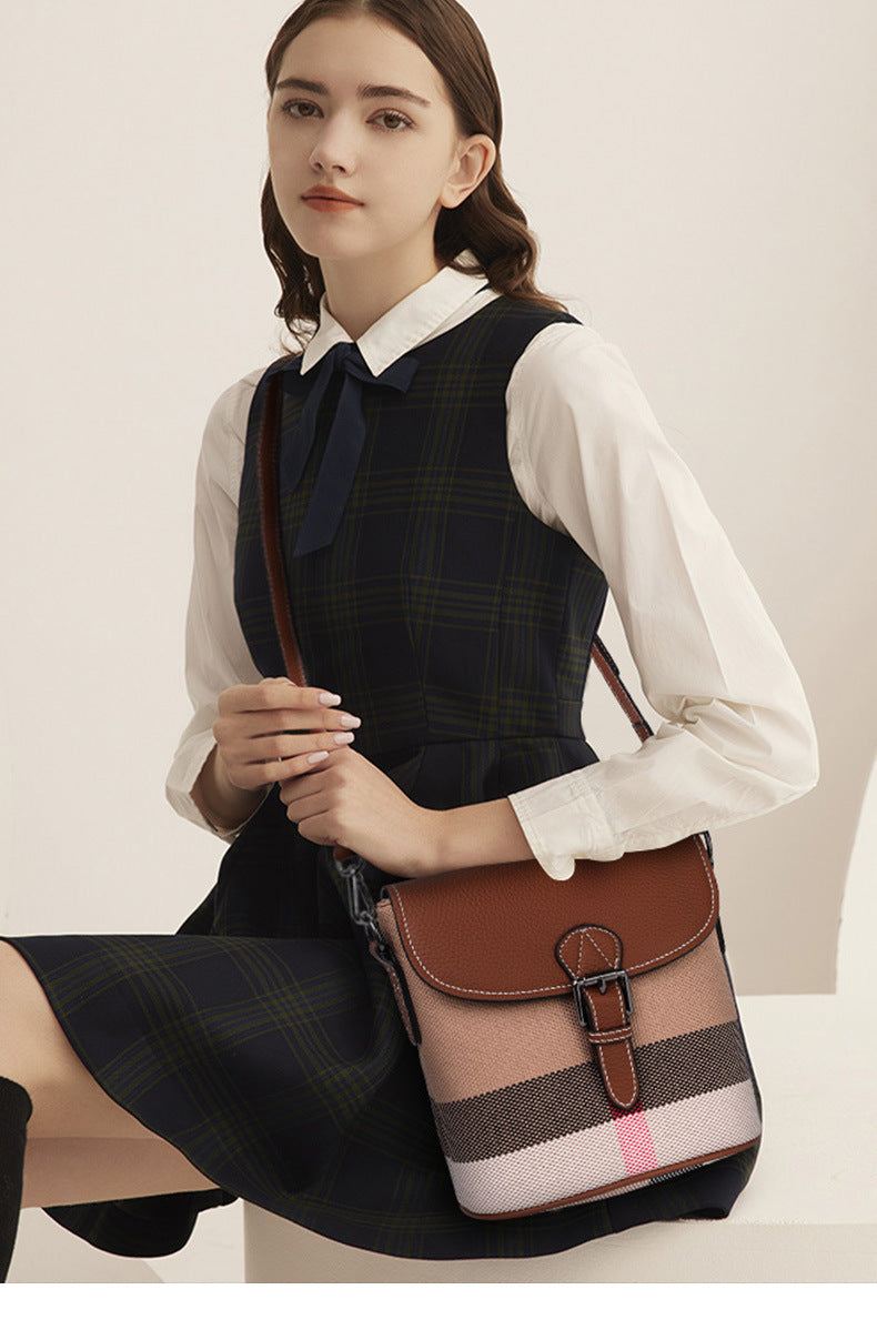 Genuine leather women's bag plaid leather bucket bag trend cowhide canvas bag trend shoulder bag. pochette