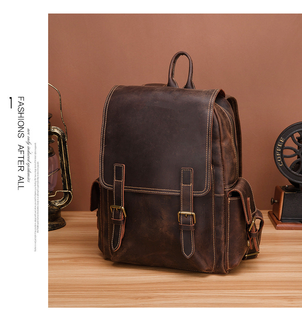Men's Rucksack Genuine Cowhide Leather Retro Large Capacity Computer Bag for Men 