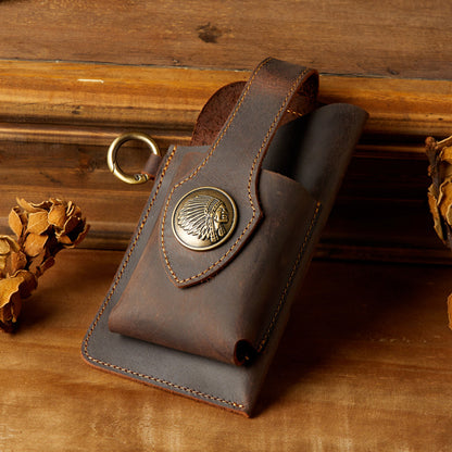 Men's Waist Pouch Mobile Phone Bag Keychain Handmade Cowhide Crazy Horse Belt Bag Mobile Phone Leather Cover Mini Bags for Men 