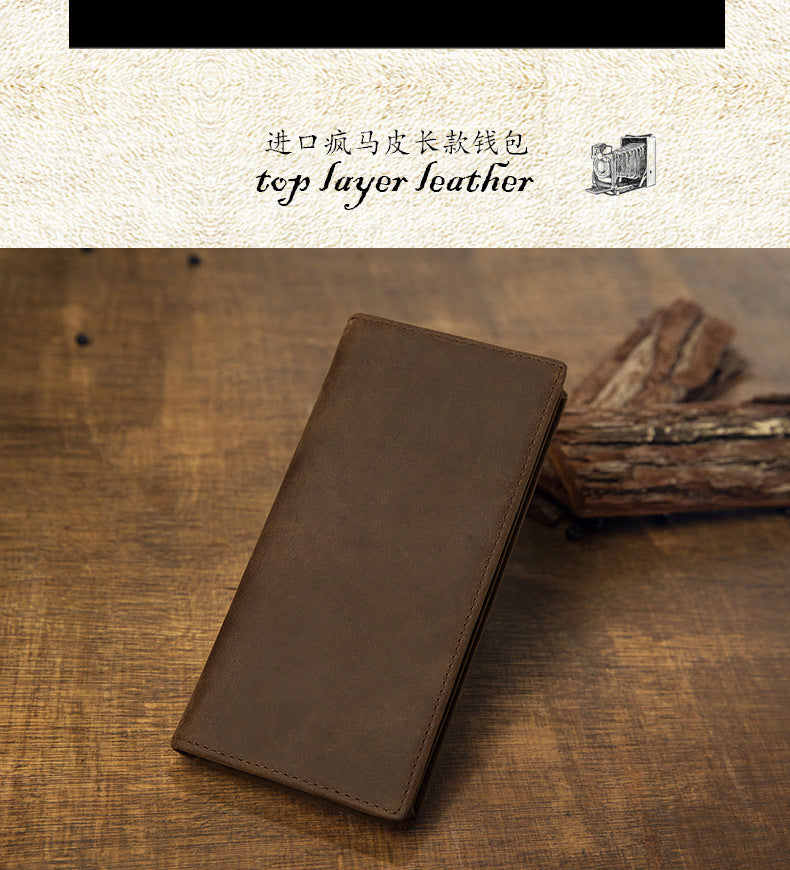 Men's long wallet, genuine cowhide leather, Crazy Horse, handmade, ultra-thin, bi-fold, card holder, simple, retro wallet for men 