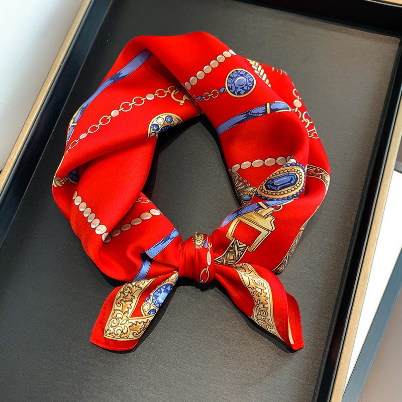 Silk Scarf Retro Chain Print Pattern Small Scarf Women's Thin Scarf Fashionable Decoration Neckerchief