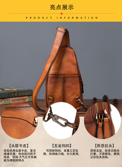 Men's bust bag genuine cowhide leather retro casual crossbody bag for men 
