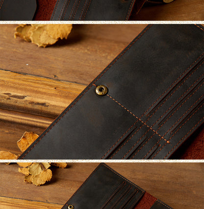 Men's long wallet, handmade, genuine cowhide leather, retro card holder, simple men's wallet handbag 