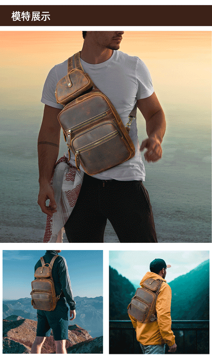 Men's Backpack Cowhide Genuine Leather Versatile Retro Outdoor Fashion Men's Bust Bag 