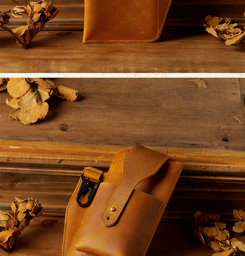 Men's Waist Pouch Handmade Cow Leather Crazy Horse Personality Mobile Phone Keychain Mobile Phone Case Sports Mini Bag 