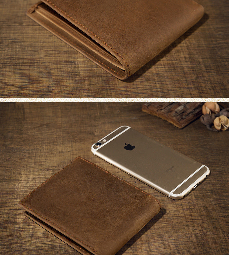 Men's short wallet made of genuine cowhide leather Crazy Horse Original casual simple thin Korean fashion unique wallet for men 