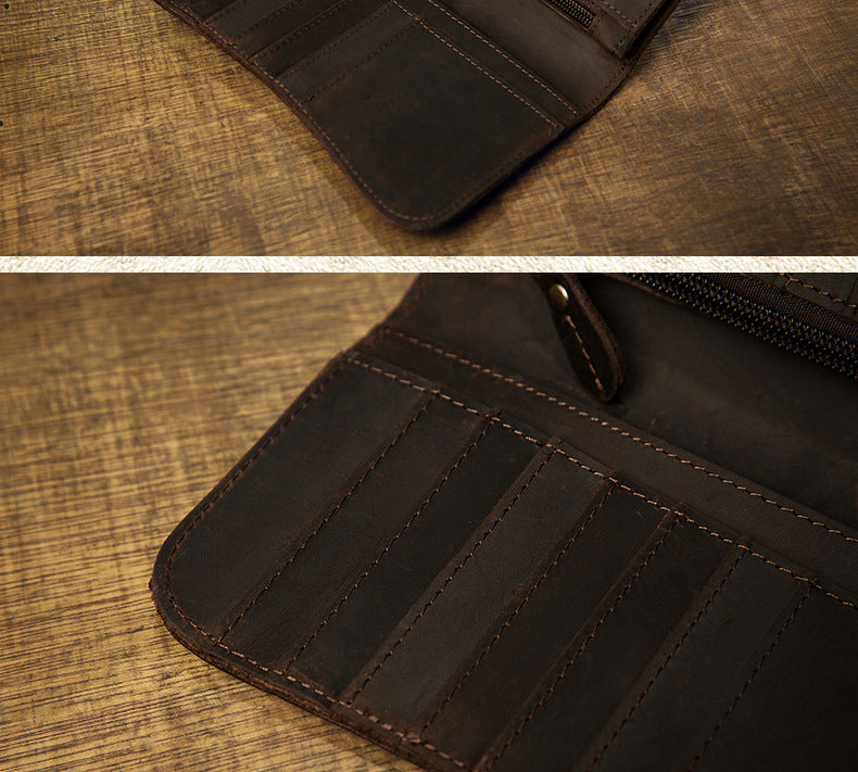 Men's Wallet Handmade Original Crazy Horse Genuine Cowhide Leather Retro Card Holder Large Capacity Zipper Mobile Phone Bag Men Handbag 