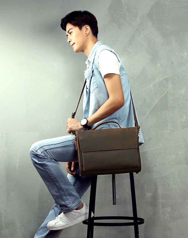 Men's Handbag Briefcase Handmade Cowhide Genuine Leather Retro Simple Messenger Bag Business Casual Men's Shoulder Bag Crossbody Bag 