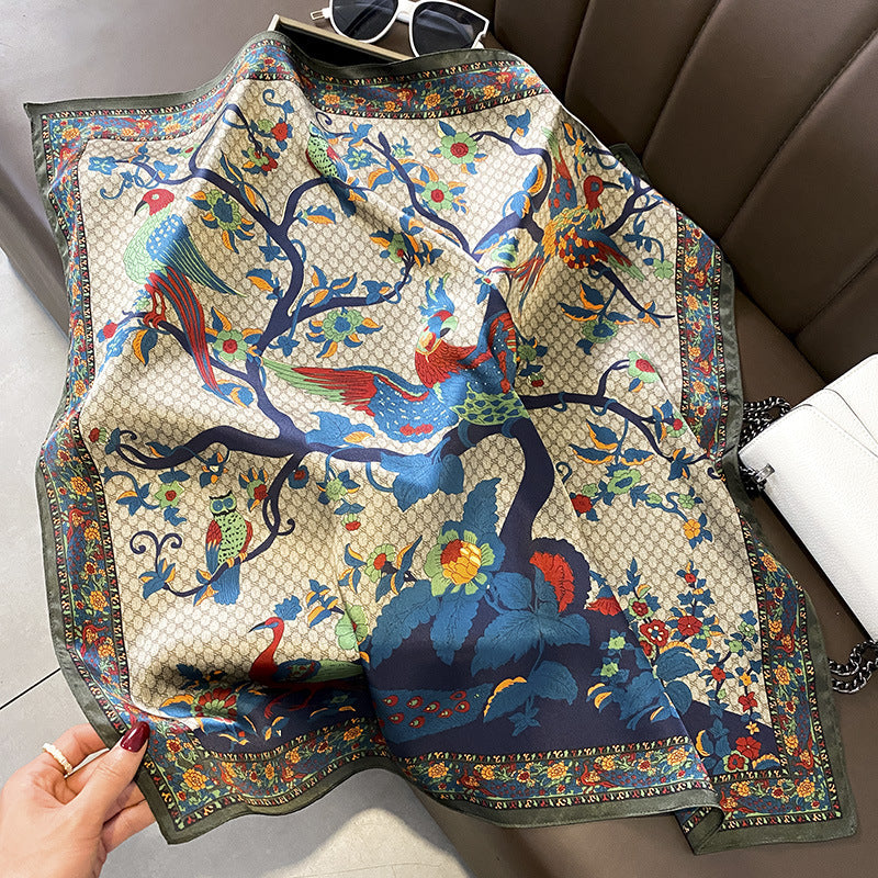 Silk Scarf Printed Pattern French Scarf Women Sheer Sunscreen Elegant Temperament Neckerchief