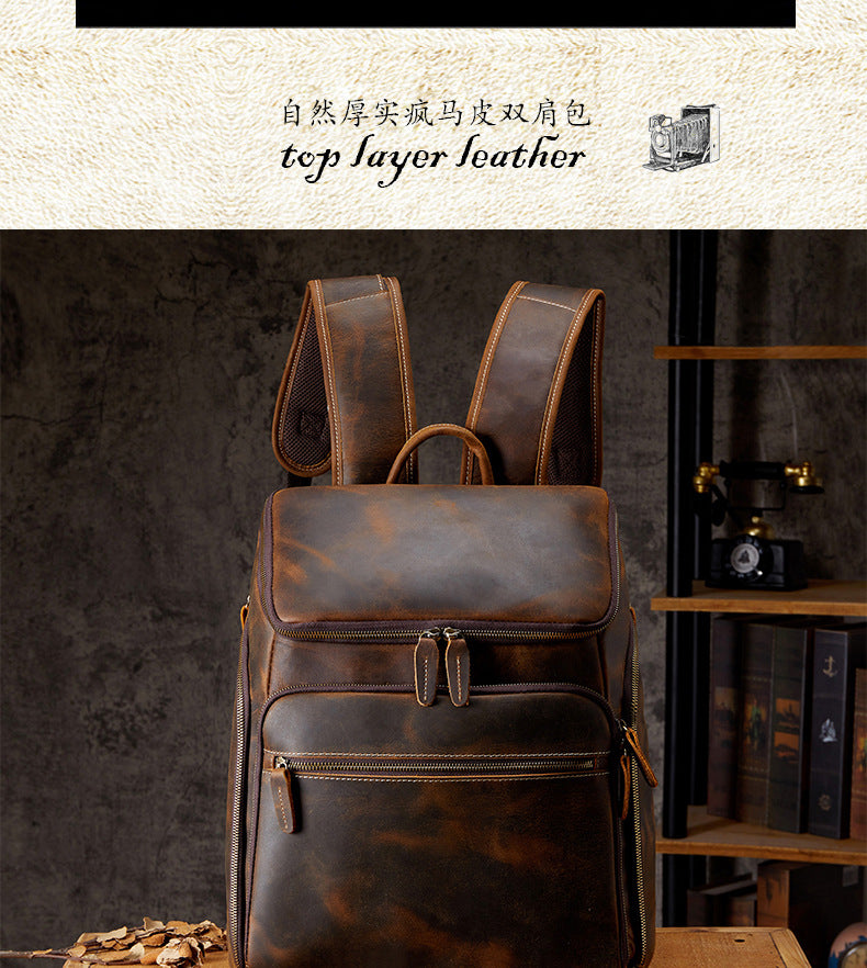 Men's backpack, handmade, genuine cowhide leather, retro outdoor men's travel bag, computer bag 