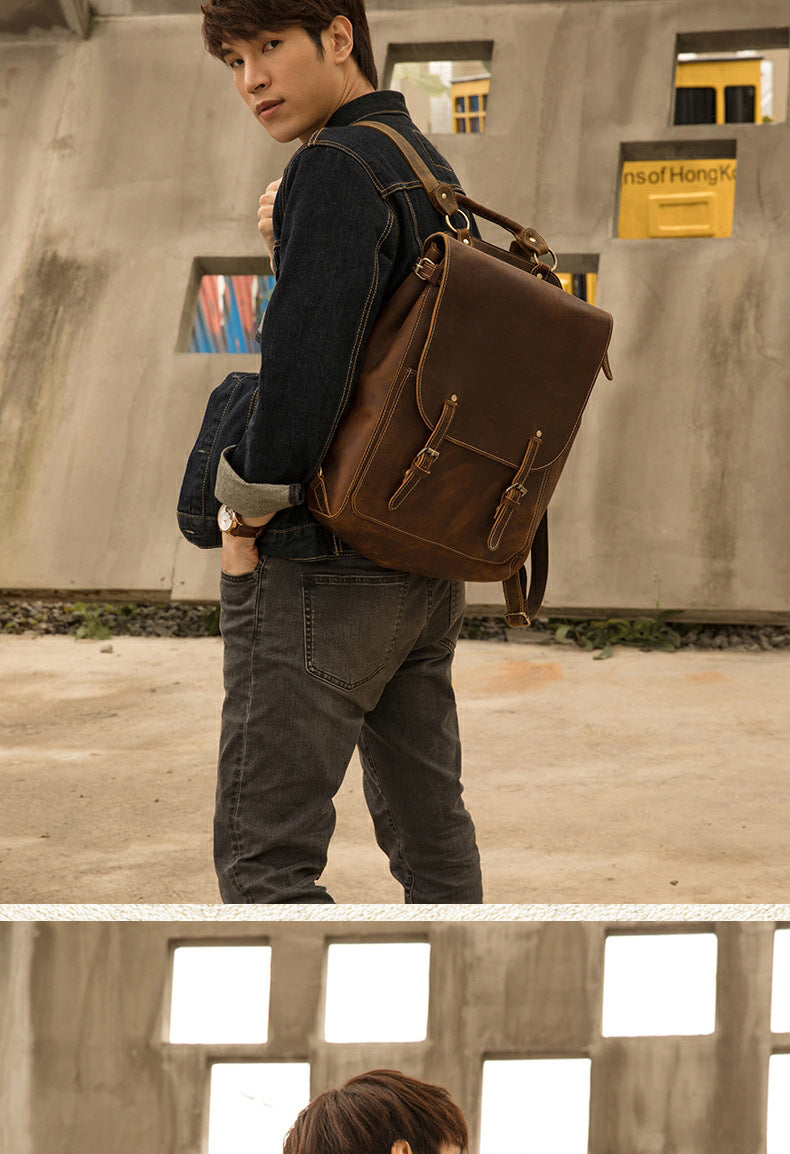 Men's Rucksack Genuine Cowhide Leather Handmade Korean Fashion Unique Travel Computer Bag for Men 
