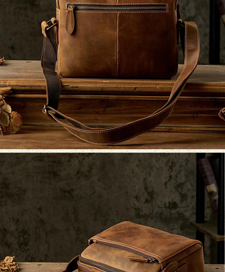 Men's Shoulder Bag Handmade Cow Leather Casual Simple Retro Zipper Crossbody Bag 